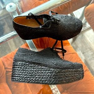 Robert Clergie Black Pinto Woven Raffia Espadrille Broque Oxford Platforms
